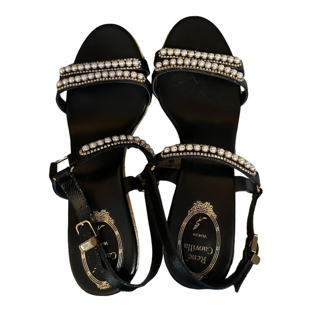Rene Caovilla Pearly Leather Wedge Sandal, Black - Picture 4 of 10